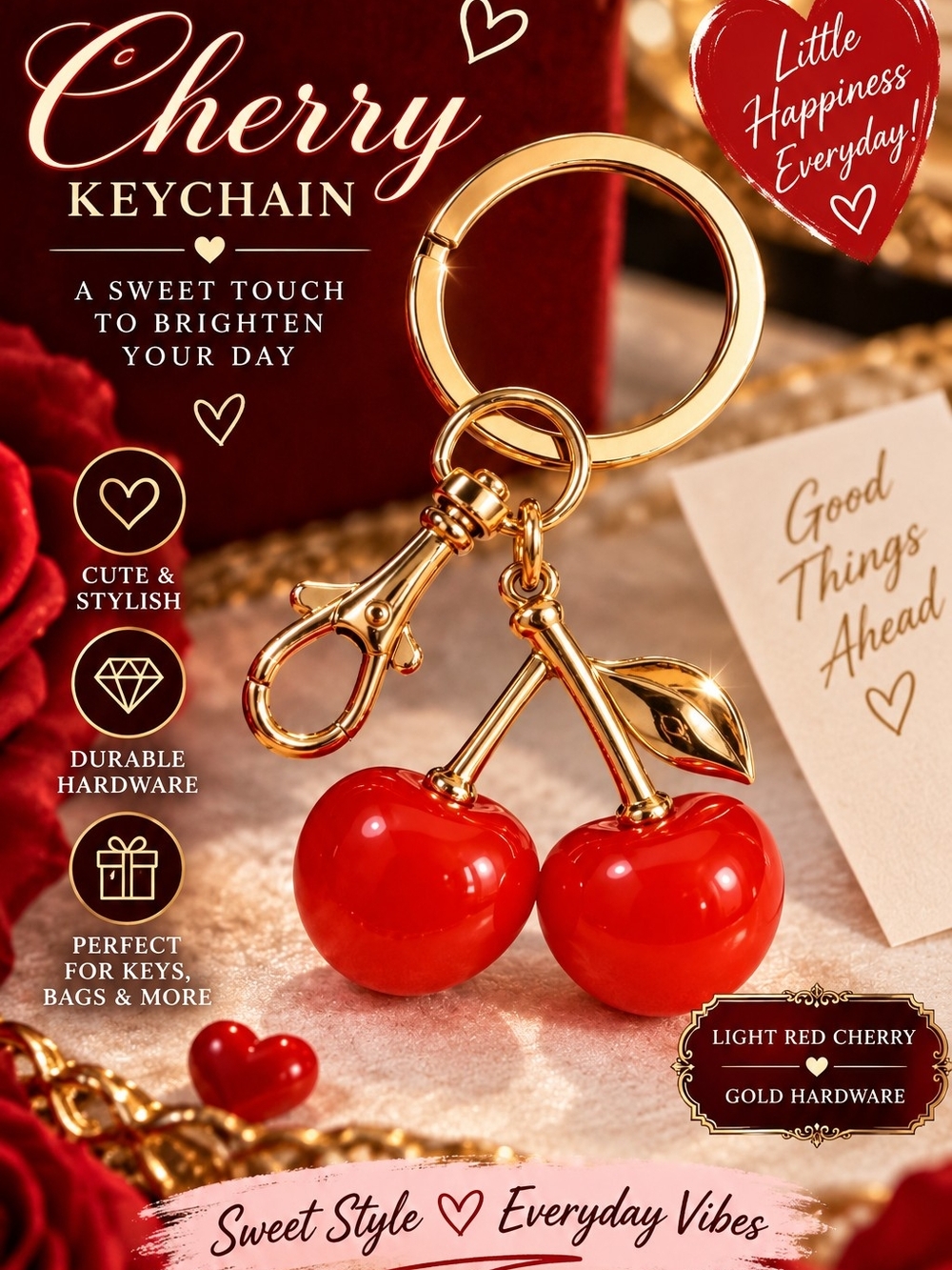 Cherry Keychain - Gold Hardware Red Charm